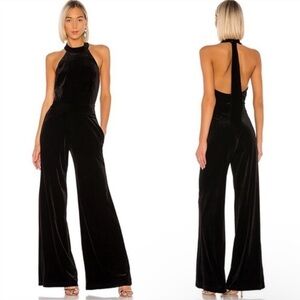 NWT MISA LOS ANGELES Xandra Black Hammered Satin wide leg Halter jumpsuit Small